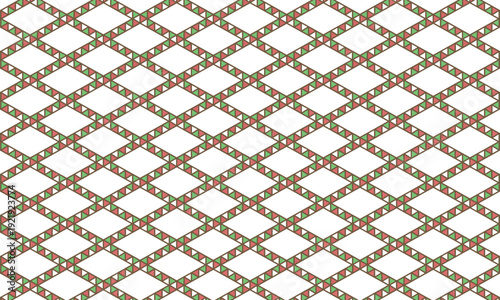 線で囲まれた赤、緑、白の三角ラインが横に長いひし形に交差するアジア風格子柄