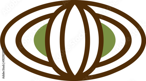A symmetric graphic with rounded shapes, lines, and two green elliptical shapes inside brown outline