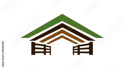 A simple, abstract illustration depicting a stylized barn or structure with a gable roof and open gate