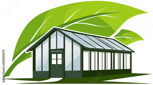 A greenhouse illustration featuring a gable roof, glass walls, a door, and large green leaves