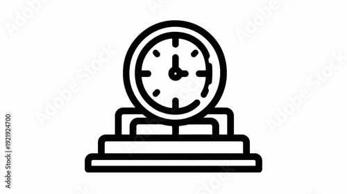 A black and white line drawing of a clock, showing the time around 105, on a tiered base