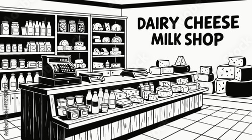 dairy food shop interior store counter shelf cheese milk display customer retail market product commerce business design vector illustration
