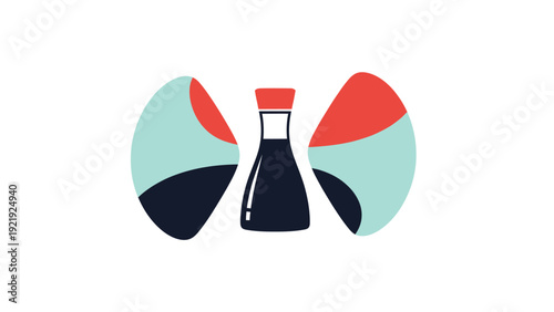 Stylized graphic features a bottle flanked by shapes with segmented color blocks