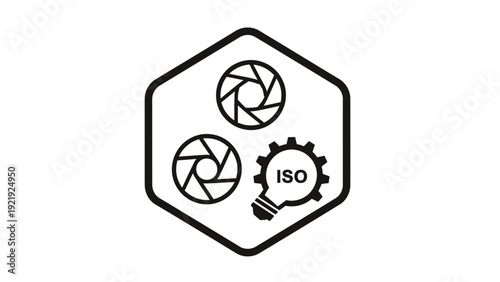 A black and white vector illustration with camera aperture and ISO symbol within a hexagon shape