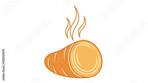 A cut of cooked orange root vegetable with steam rising. Cartoon style on white background