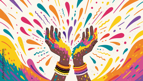 Vibrant explosion of colorful powder and splashes erupting from open hands, celebrating joy, freedom, and the spirit of Holi festival.