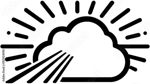 Stylized black and white weather icon depicting sun behind a cloud, with radiating rays and lines