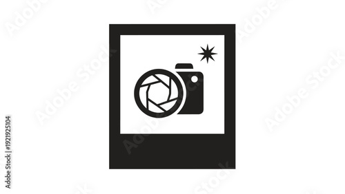 Monochrome icon shows a camera, aperture, and flash within a polaroid frame