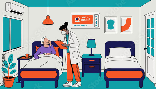 Doctor wearing a mask checking on an elderly patient in a hospital room with two beds, illustration.