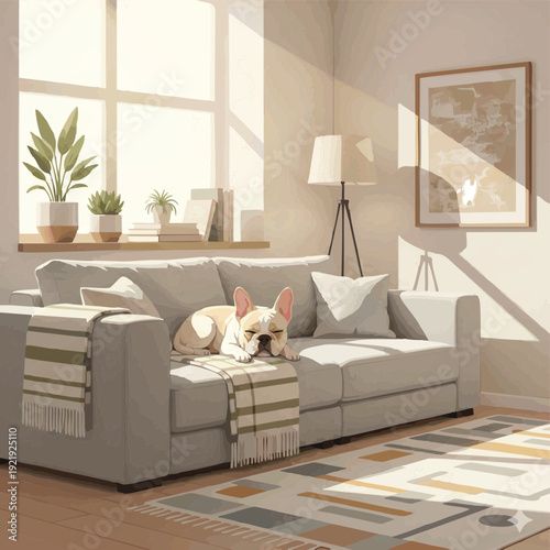french bulldog relaxing on modern sofa in cozy living room interior, vector illustration