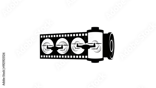 A black and white graphic showing a drone inside film reel imagery