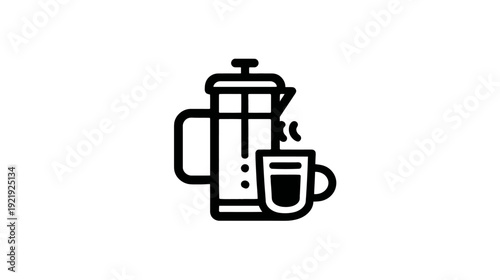 A monochrome illustration of a coffee maker and a cup, steam rising from the cup