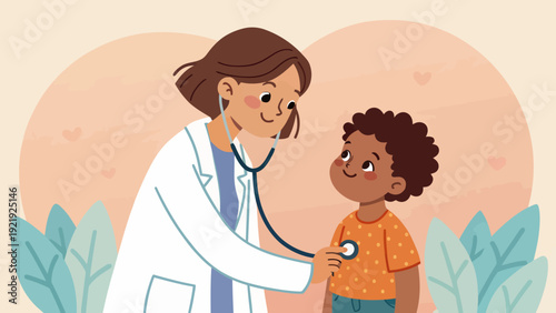 Friendly pediatrician examining a happy young child with a stethoscope, flat illustration.
