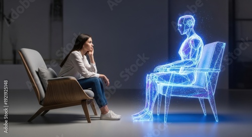Woman interacting with ai robot hologram in future therapy