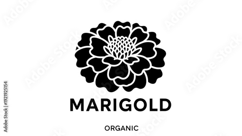 Foto Bold black silhouette of a marigold flower with text MARIGOLD and ORGANIC on