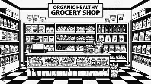 organic grocery food shop interior store counter shelf healthy product display customer retail market commerce business design vector illustration