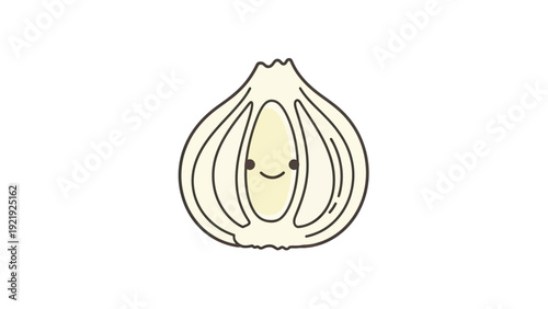 A cartoon garlic half smiling on a white background. It's beige with brown outlines