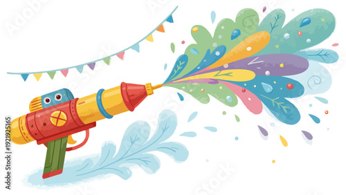 Stylized water gun blasting a vibrant explosion of colorful liquid splashes and abstract shapes, festive bunting