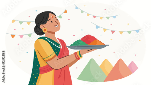 Smiling woman holding a tray of colorful Holi powders, adorned with festive decorations and abstract mountains, illustration