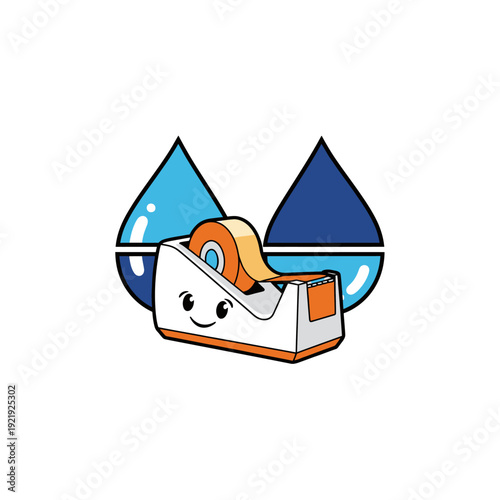 Cheerful tape dispenser with tape roll and smiling face, against blue & dark blue drop-like shapes