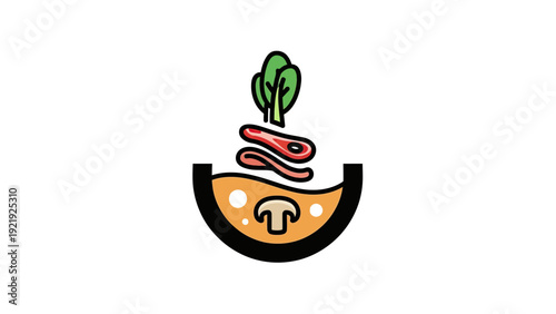 Simple illustration of a bowl of soup with ingredients like greens, meat, and mushroom