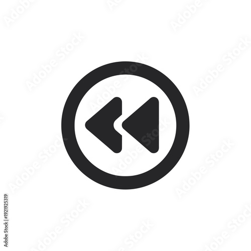 Black and white icon of a rewind symbol inside a circle. It's a media control symbol