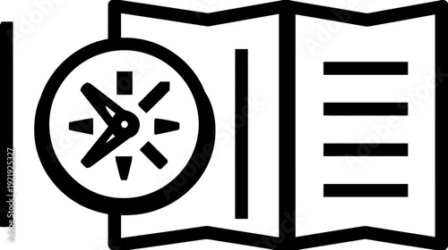 Black and white icon with compass, map, and document elements, denoting exploration and navigation