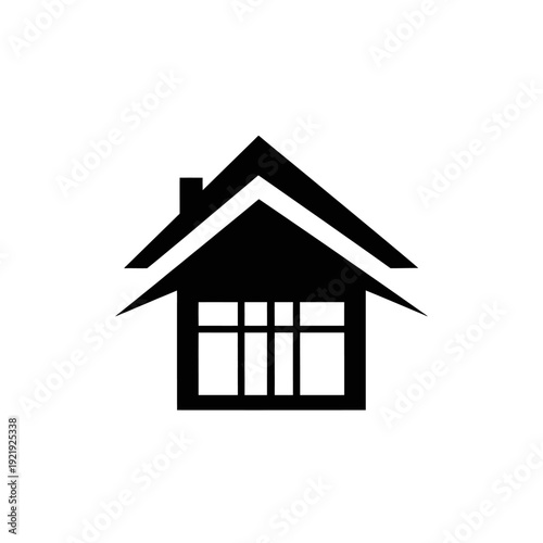 A minimalist house icon, black on white, with gable roof, chimney, and rectangular window