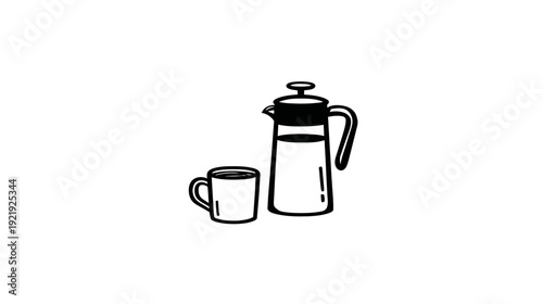 A minimalist illustration of a coffee maker and a mug, depicted in a simple black and white style