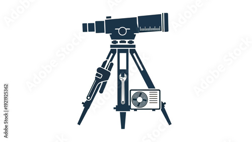 A dark blue illustration of a telescope on a tripod with tools and a compressor