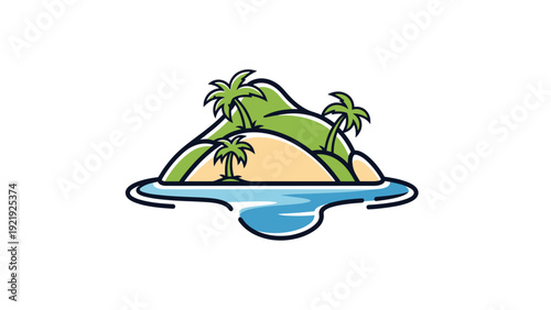 A stylized island scene with green hills, tan beach, palm trees, and blue water