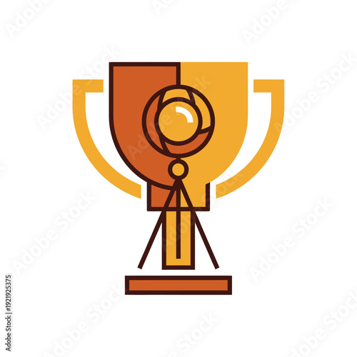 A stylized trophy icon with a lens/aperture. Abstract color design