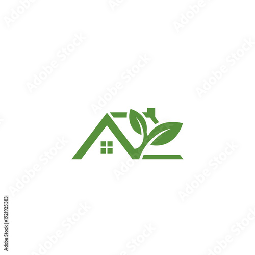 Green house symbol with leaves, on white background; eco-friendly, nature, home