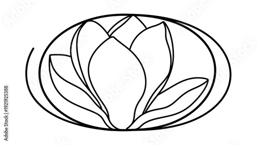 Black outline drawing of a stylized flower enclosed within an oval frame