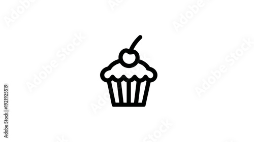 A simple black line drawing of a cupcake, with frosting, a cherry, and white background