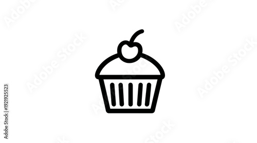 A simple, black-outlined illustration of a cupcake with a cherry on top, centered on white