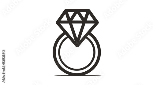 Black and white illustration of a ring with a large diamond on a white background