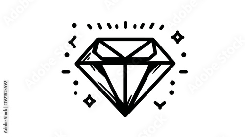 A black and white illustration of a diamond with sparkle symbols around it