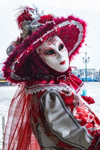 Elegant Venetian Masked Woman in Red and Silver Traditional Carnival Costume