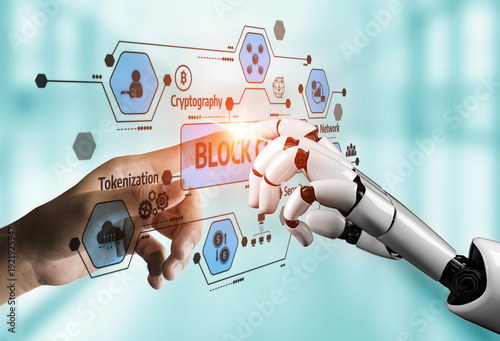 Wallpaper Mural A visual representation of collaboration between human and robotic elements in blockchain technology, illustrating digital innovation and advanced communication systems. Tessel Torontodigital.ca