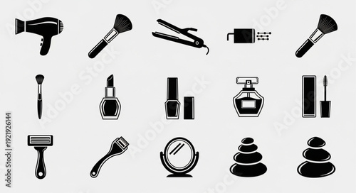 Collection of beauty and cosmetic icons for personal care.