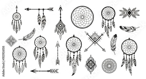 Bohemian Dreamcatchers Feathers Arrows and Tribal Symbols Collection.