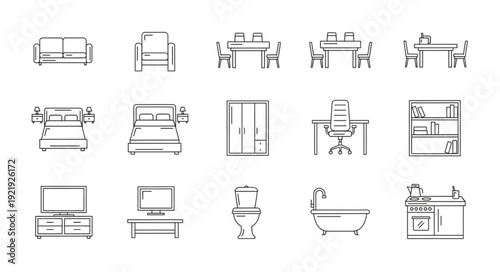 Collection of hand-drawn furniture and home interior icons.