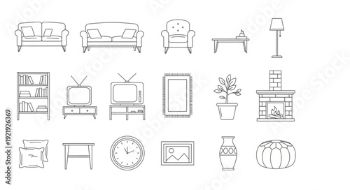 Collection of hand drawn interior design elements and furniture sketches.