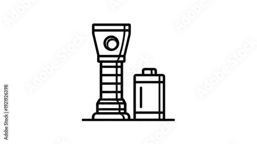 A black and white line art illustration featuring a lamp and a battery