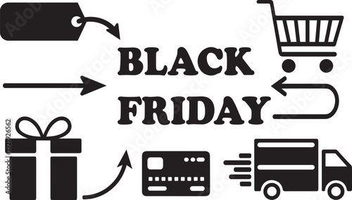 Black Friday shopping including a tag gift credit card delivery truck shopping cart and arrows on a white background representing commerce and sales events