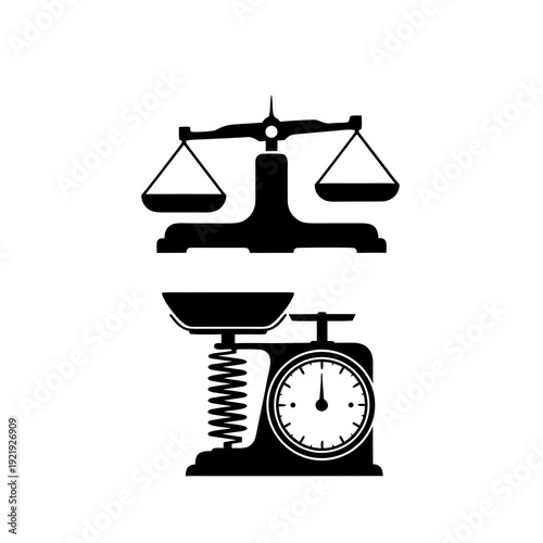 Solid black silhouettes of traditional balance scale and mechanical kitchen weighing scale with spring and dial isolated on white background