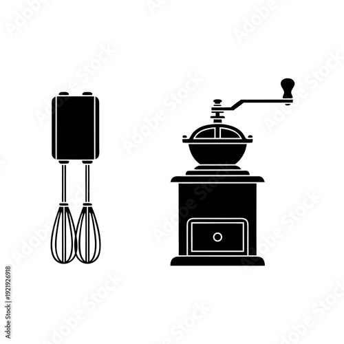 Collection of solid black silhouettes featuring an electric kitchen hand mixer and a traditional manual coffee grinder mill isolated on white background