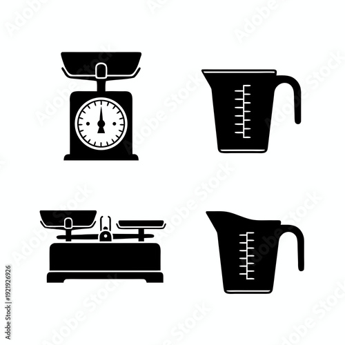 Collection of solid black kitchen silhouettes featuring analog weighing scales mechanical balance and measuring jugs isolated on white background