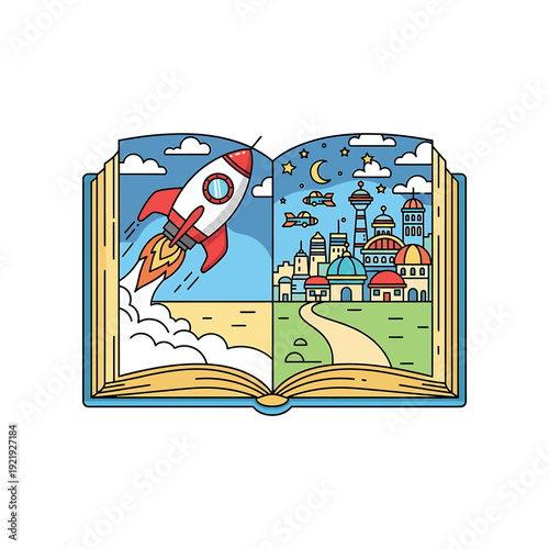 An open book with a rocket launch and cityscape illustration, vibrant colors, fantasy scene, daytime perspective